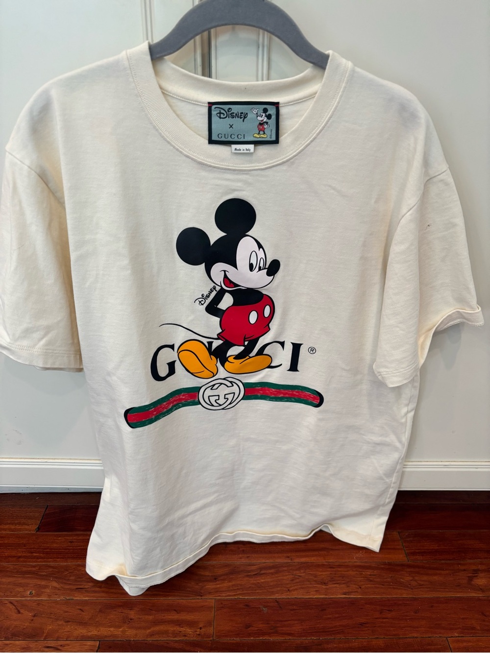 Gucci Cream Graphic Tee with Mickey in Red, Black, Yellow
